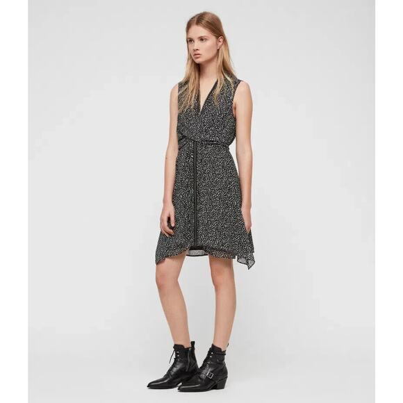 All Saints Jayda Splash Dress Black White Sleeveless Tied Front Zipper V… - Picture 2 of 7